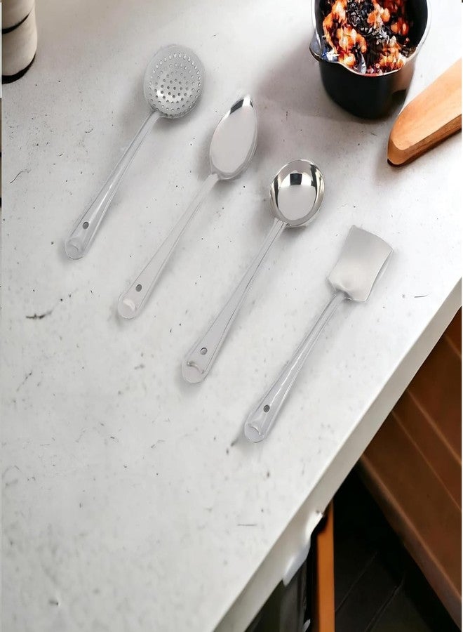 STARXDEAL 4pc Silver Stainless Steel Cooking Spoon Set, Silver, Contains - Frying Ladle, Serving Spoon, Turner Spoon, Curry Ladle - Image 4